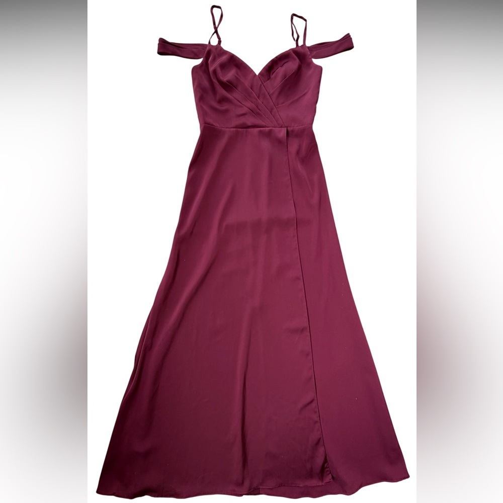 Azazie Burgundy Off-Shoulder Satin Maxi Dress with Slit - Picture 7 of 11